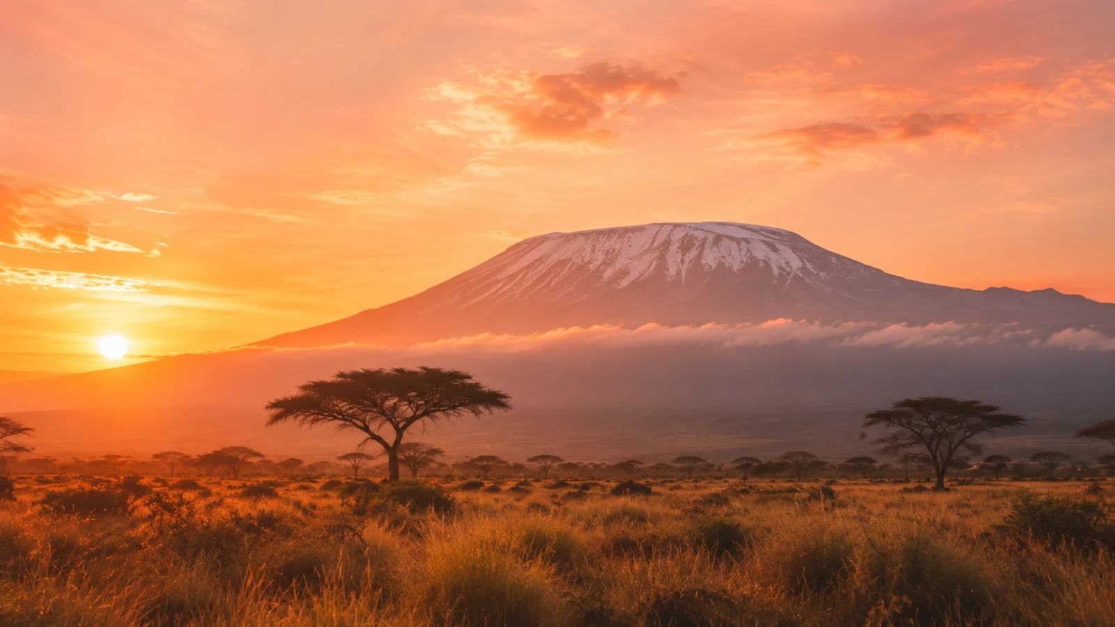 Kilimanjaro at sunrise above the plain, the snow on its summit lit orange and flat-topped acacias standing in the grass below.