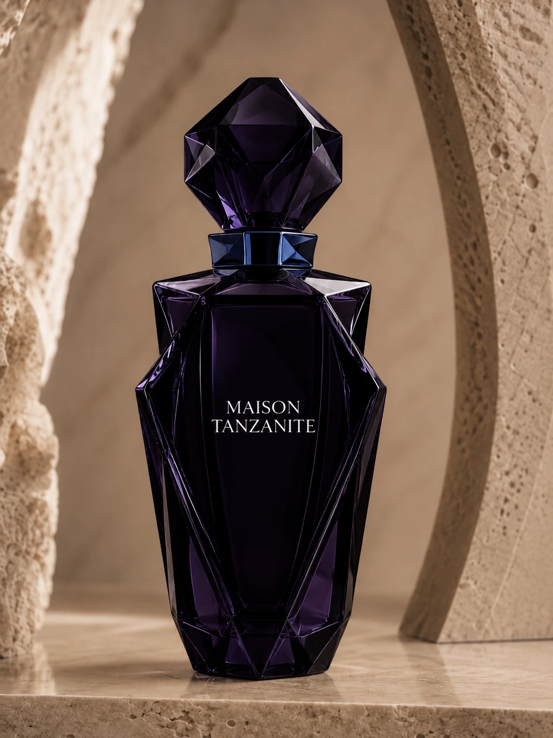 A faceted flacon in deep violet glass, cut like a rough crystal and stoppered with a matching faceted cap, standing on a travertine ledge between two pale stone arches.