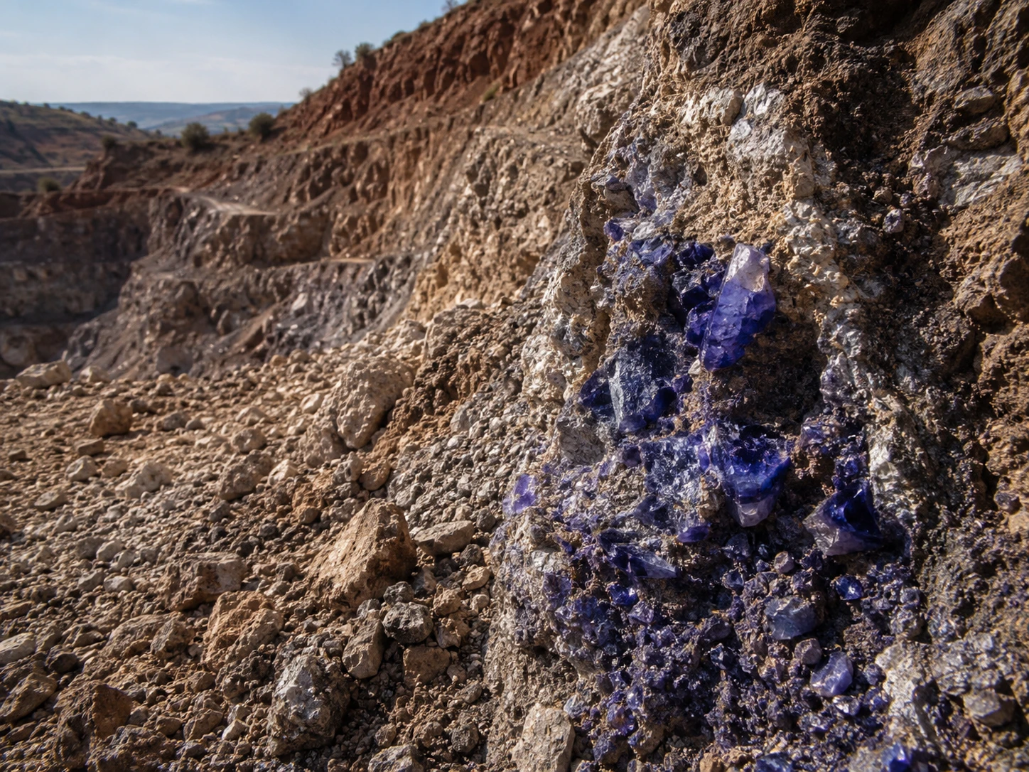 Rough tanzanite crystals in violet-blue clusters, still embedded in the pale rock face of an open working, with the terraced walls of the pit behind.