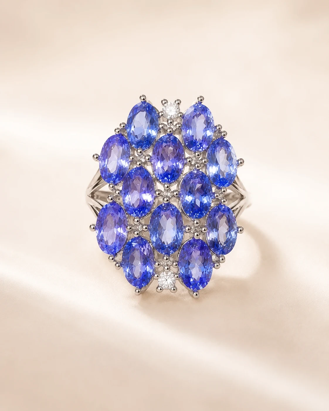 The cluster close up, the twelve ovals arranged in rows with small white stones between them.